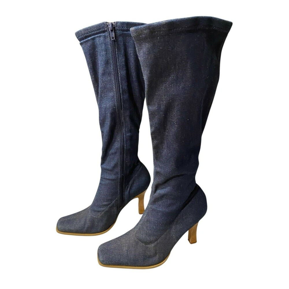 Dollhouse Denim Knee High Boots Womens Size 7? Est Blue Side Zip Slim Heel Y2K